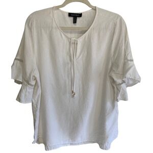 ELLEN TRACY White Linen Blend Ruffle Sleeve Tie Neck Blouse Flowy Fairy Size L